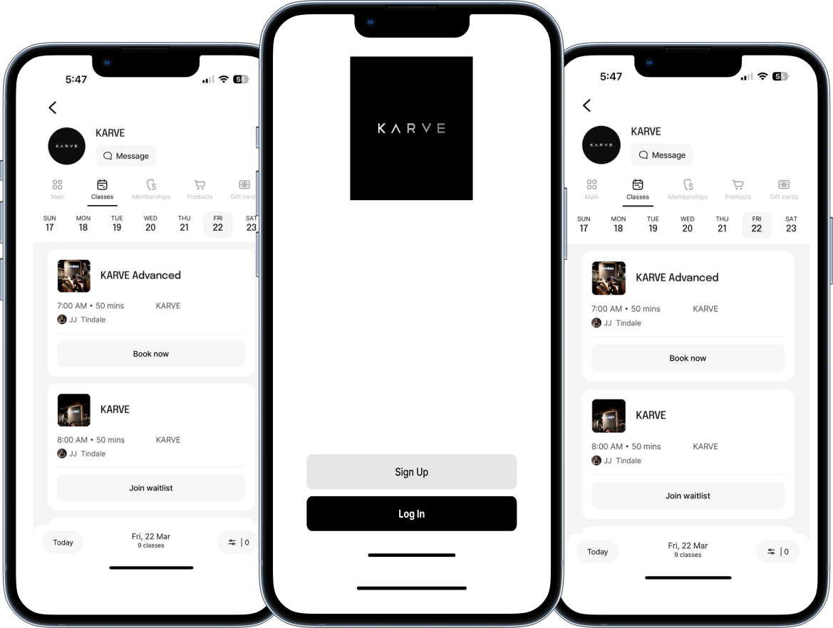 KARVE mobile app interface showing the schedule